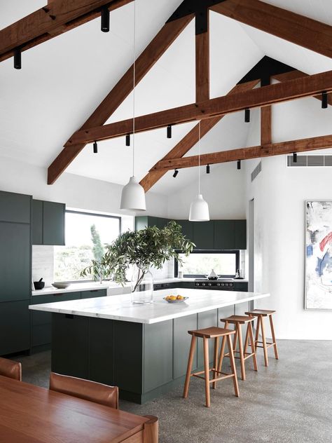 Kitchen With Beams, 1970s House, Pitched Ceiling, Farmhouse Architecture, 1970s Home, Timber Ceiling, Homes To Love, Timber Beams, Classic Kitchen