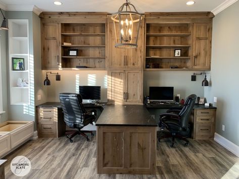 office with double desk and peninsula in the center Office Layout With Two Desks, T Desk For Two, Built In L Shape Office Desk And Cabinets, Work And Game Desk Setup, Office With T Shaped Desk, Peninsula Desk For Two, Peninsula Office Desk, Shared Desk Space, Home Office T Shaped Desk