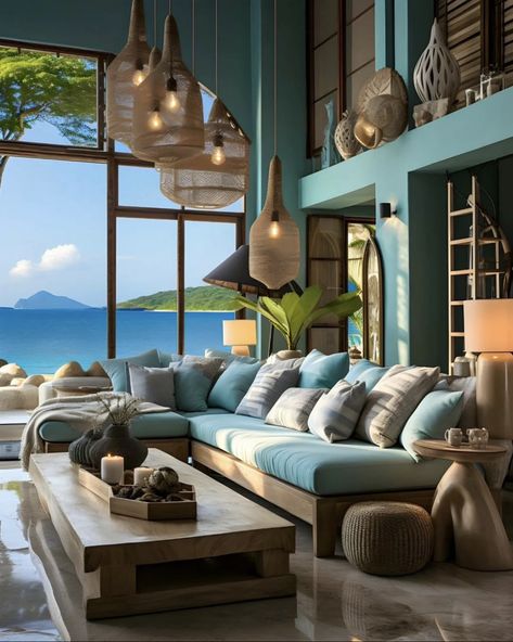 Luxury Beach House Interior, Beach Villa Interior, Mediterranean Living Rooms, Island Living Room, Tranquil Home, Bungalow Interior, Mediterranean Interior Design, Cozy Nooks, Mediterranean Interior