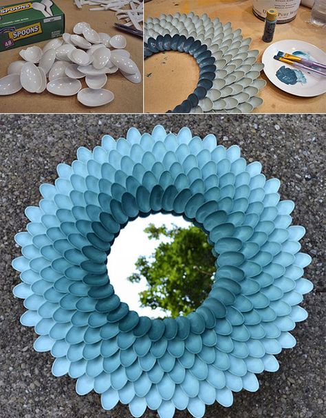 16 Creative Upcycling Furniture and Home Decoration Ideas Plastic Spoon Mirror, Spoon Mirror, Plastic Spoon Crafts, Flower Mirror, Plastic Spoons, Diy Mirror, Décor Diy, Crafty Craft, Diy Projects To Try