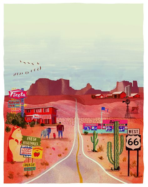 Road Trip Art Illustration, Road Trip Yearbook Theme, Road Trip Drawing, Route 66 Aesthetic, Roadtrip Illustration, Yearbook Covers Themes, Desert Images, Wales Country, Country Illustration