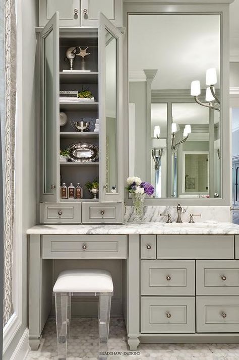 Sophisticated bathroom features gray vanity cabinets paired with a statuary marble countertop. Vanity With Makeup Area, Beautiful Bathroom Vanity, Dressing Design, Room Vanity, Sophisticated Bathroom, Transitional Bathroom, Girls Bathroom, Trendy Bathroom, Bathroom Redo