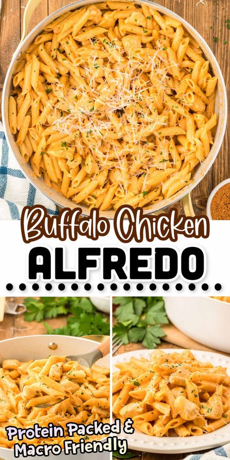 Buffalo Chicken Pasta Without Cream Cheese, Buffalo Chicken Fettucine Alfredo, Macro Friendly Chicken Alfredo, Buffalo Chicken Alfredo, Buffalo Chicken Sides, Buffalo Alfredo Pasta, Recipes With Franks Red Hot Sauce, Macro Friendly Alfredo, Macro Friendly Chicken Spaghetti