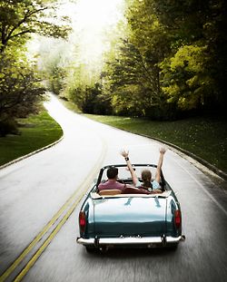 hands in the air Two People, The Back, Convertible, Trees, Road