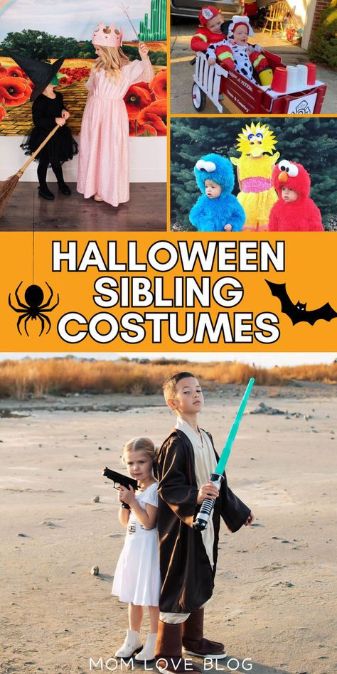 Collage of matching sibling Halloween costumes for boys, girls, brothers, and sisters. Matching Halloween Costumes For Brother And Sister, Diy Toddler Boy Costume, Brother And Sister Costume Ideas, Sibling Costumes Brother Sister, Halloween Sibling Costumes, Costumes For Brothers, Boy And Girl Halloween Costumes, Siblings Halloween Costumes, Brothers Halloween Costumes