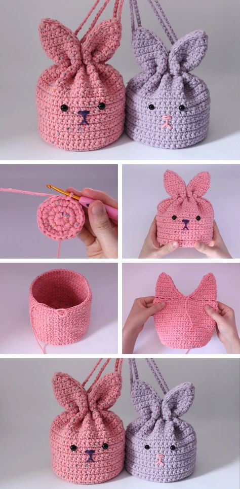 Crochet Easter Bunny Backpack or Pouch For Beginners Crochet Easter Bags Patterns Free, Crochet Bunny Pouch, Rabbit Bag Crochet, Knitted Easter Crafts Free Patterns, Bunny Purse, Trendy Crochet Patterns Free, Crochet Easter Bag, Easter Crochet Patterns Free Baskets, Easy Easter Crochet Patterns