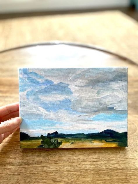 Loose Acrylic Landscape, Loose Art, How To Paint A Landscape, Mini Landscape Paintings, Sky Landscape Painting, Small Abstract Painting, Block Painting, Sky Painting, Cloud Painting