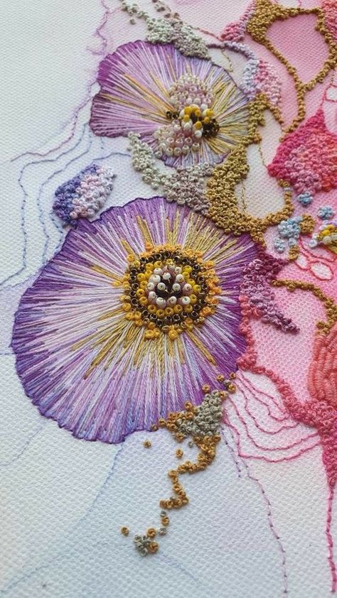 Embroidered Coral Reef, Hannah Kwasnycia, Couching Embroidery Design, Water Textiles, Reef Embroidery, Embroidery Textiles, Coral Embroidery, Embroidery Embellishments, Textile Art Embroidery