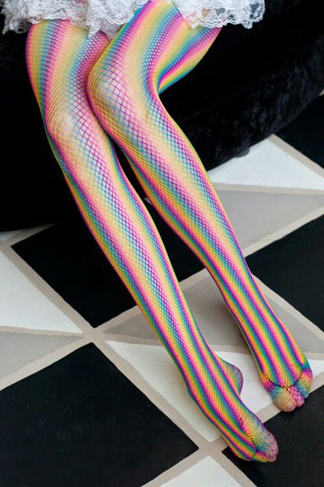 Rainbow Fishnets, Rainbow Inspiration, Cute Stockings, Rainbow Outfit, Silk Stockings, Tame Impala, Rainbow Aesthetic, Rainbow Fashion, Neon Rainbow