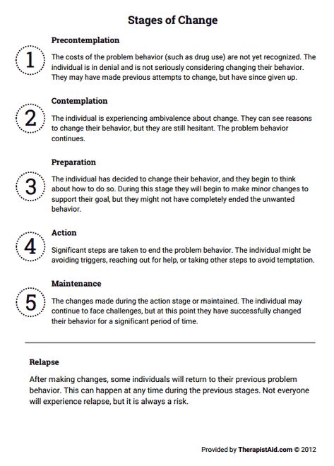 Stages of Change (Worksheet) | Therapist Aid Therapy Topics, Change Worksheet, Healthy Behaviors, Stages Of Change, Chemical Dependency, Group Therapy Activities, Relapse Prevention, Clinical Social Work, Motivational Interviewing