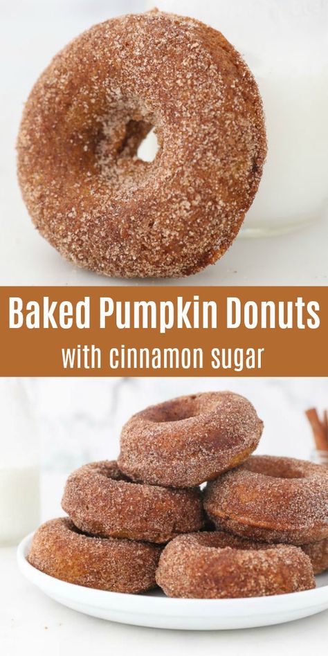 Pumpkin Donuts Baked, Pumpkin Foods, Pumpkin Donuts Recipe, Pumpkin Doughnut, Homemade Donuts Recipe, Baked Donut Recipes, Pumpkin Spice Donut, Cinnamon Sugar Donuts, Dessert Aux Fruits