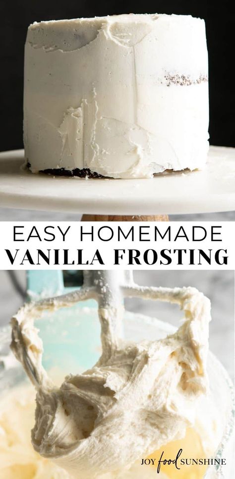 The BEST homemade vanilla frosting recipe! This vanilla frosting recipe is easy to make in 5 minutes with 6 ingredients! Great frosting for decorating cakes & cookies! Ditch the store-bought frosting for good! Vanilla Cake Icing Recipe, White Icing Recipe For Cake, Frosting For Decorating Cakes, Homemade Cake Icing, Frosting For Decorating, Vanilla Icing Recipe, Vanilla Frosting Recipe, Decorator Frosting Recipe, Vanilla Cake Frosting