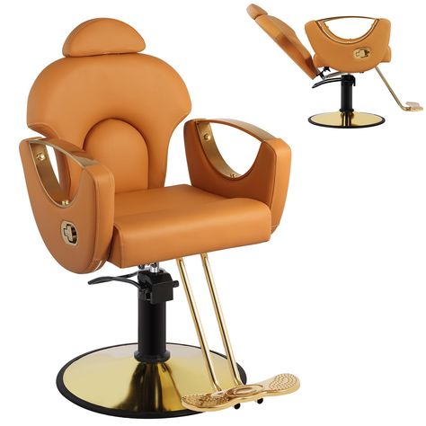 PRICES MAY VARY. Modern Design：The armrest adopt hollow metal structure design, With classic golden circular base metal frames,making the overall line of the salon chair streamlined, more modern and fashion. Upgraded Comfort：All the barber chair adopt High density memory sponge,it is soft and highly resilient. Covered with PVC artificial leather,which is skin friendly and breathable, as well as wear resistant and easy to clean. Can quickly disperse human body pressure, and enjoy a pressure free Home Barbershop, Reclining Salon Chair, Hair Salon Chair, Hair Chair, Stylist Chair, Hair Salon Chairs, Beauty Chair, Salon Styling Chairs, Edgy Short Hair