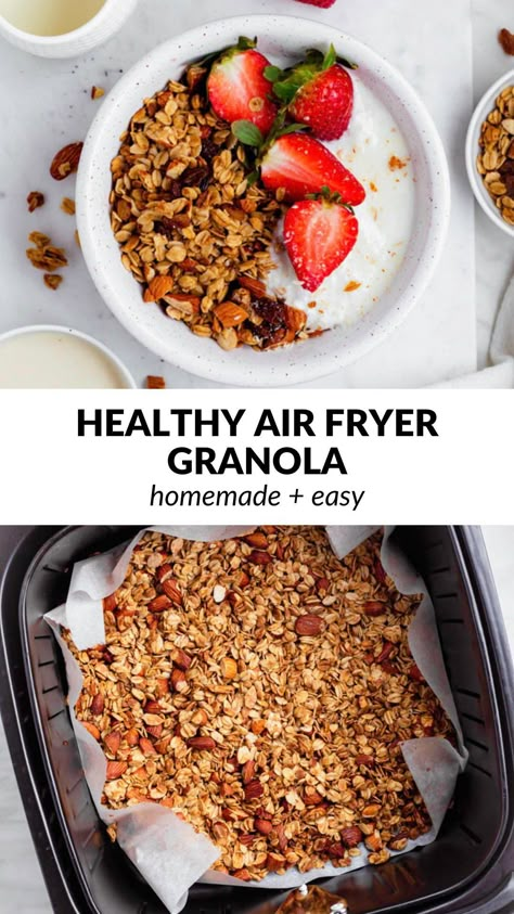 This homemade Air Fryer Granola is an easy and quick recipe that's ready in just 15 minutes! It's crunchy, delicious, and made with healthy pantry ingredients! I love that it's healthier too. It's high in fiber and lower in sugar compared to the store-bought stuff. Just 7 ingredients needed! Air Fryer Granola, Granola Easy, Vegetarian Snack, Healthy Vegetarian Snacks, Truck Living, Healthy Air Fryer, Healthy Pantry, Pantry Recipes, Vegan Pantry