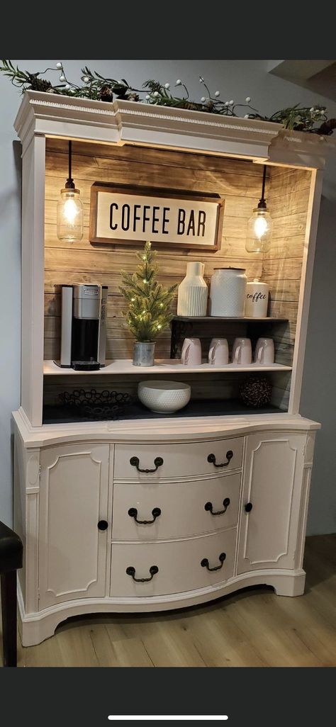 Coffee Bar With Hutch, Coffee Hutch, Coffee Bar Hutch, Coin Café, Coffee Bar Station, Coffee Bar Ideas, Coffee Stations, Kitchen Larder, Diy Coffee Bar