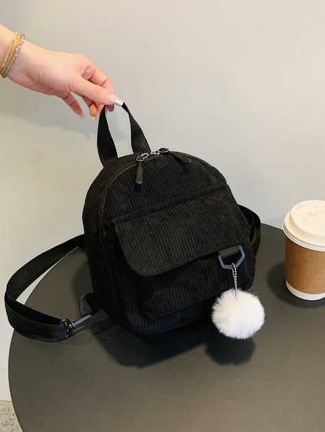 Black Preppy   Corduroy Plain Functional Backpack Embellished   Women Bags Bags For College, Black Preppy, Cute Mini Backpacks, Women Backpack Fashion, Kawaii Bags, Sac Diy, Functional Backpack, Mini Mochila, Mini Backpacks