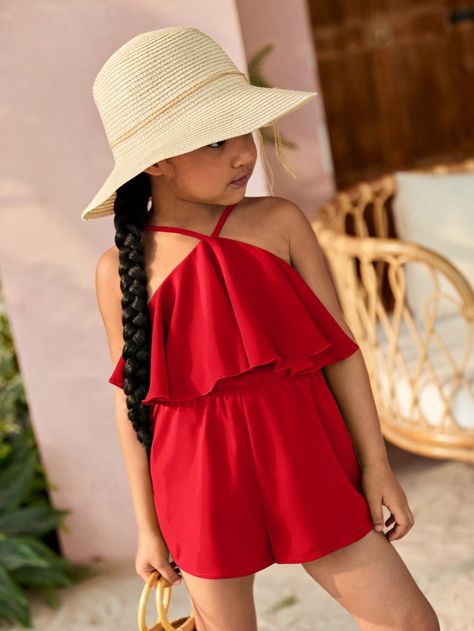 SHEIN Young Girls Solid Color Casual Romper With Ruffled Hem And Halter NeckI discovered amazing products on SHEIN.com, come check them out! Girls Boots Outfit, Sumner Outfits, Shein Kids, Fair Outfits, Summer Outfits Kids, Shein Outfits, Baby Frocks Designs, Casual Rompers