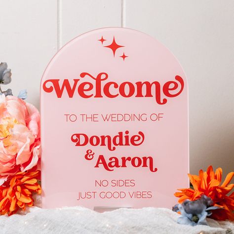 Click on the following link to browse HUNDREDS more designs in our shop!! https://pinkposiesandpearls.etsy.com/  Vintage Retro 70s ARCH Wedding Sign, No Sides Just Good Vibes 60s Groovy Hippie Acrylic Welcome Signs                                          | Welcome to Pink Posies and Pearls Wedding and Gift Boutique | | THE PRODUCT | *How to order: Choose a size and stand choice, as well as acrylic sign color for the arch shape. Then, in the notes section, put your ink color for the lettering as well as any personalization information. | SHIPPING |  *We ship using USPS first class mail. Priority Mail upgrades are available during checkout. *Processing times vary. Please see our current processing time under the shipping tab.  *Once your order has been processed, shipping normally takes 3-5 Arch Wedding Sign, Arch Wedding, Retro Wedding, Wedding Welcome Signs, Pearl Wedding, Acrylic Sign, Retro 70s, Gift Boutique, Wedding Sign