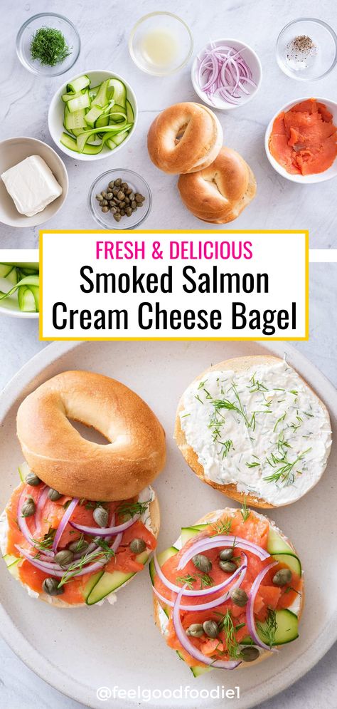 Bagel And Lox Sandwich, Bagel With Cream Cheese Breakfast, Salmon On Bagel Cream Cheeses, Bagels Smoked Salmon, Smoked Salmon Mini Bagel, Brunch Bagel Ideas, Bagel Smoked Salmon Cream Cheeses, Bagel And Salmon Cream Cheeses, Smoked Salmon Sandwich Cream Cheeses