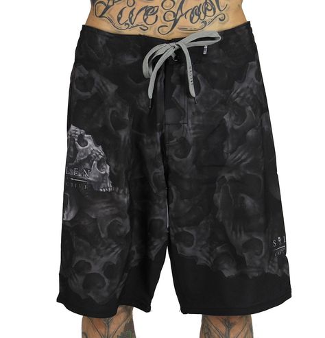 Morph Board Shorts Goth Swimwear, Skulls Tattoo, Back Toning, Black Swim Trunks, Tattoo Clothing, Rockabilly Outfits, Art Lifestyle, Surf Shorts, Mens Boardshorts