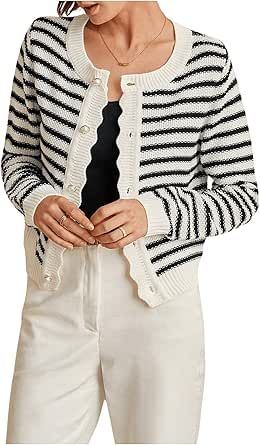 GORGLITTER Women's Striped Button Down Cardigan Sweater Long Sleeve Color Block Scallop Crew Neck Knit Top Crew Neck Cardigan, Áo Len Cardigan, Cardigan Casual, Gilet Long, Pullover Outfit, High Fashion Outfits, Plus Size Cardigans, Scallop Trim, Open Front Sweater