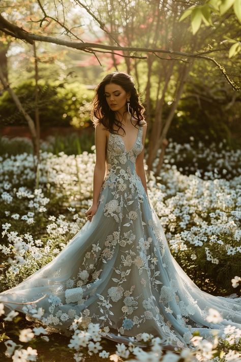 Beach Wedding Dress Colorful, Vintage Blue Wedding Dress, Pastel Blue Wedding Dress, Unique Wedding Dresses Different, Floral Wedding Dress Colored, Unique Colored Wedding Dresses, Baby Blue Wedding Dress, Sunset Wedding Dress, Dusty Blue Wedding Dress