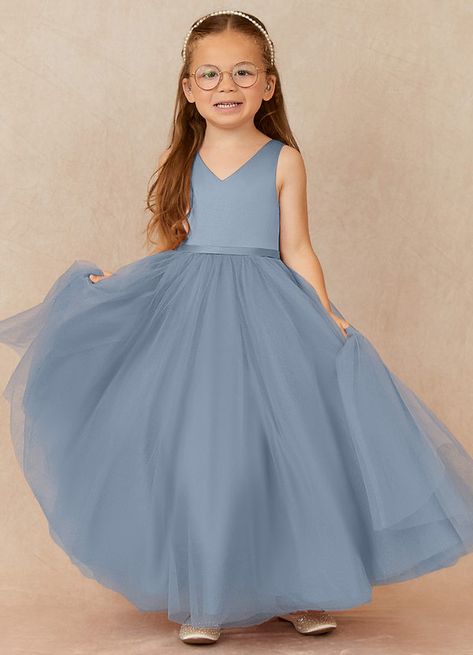 Wedding bells are ringing as Marybell introduces the blushing bride. This flouncy tulle angel is the perfect beauty for your special day. She’s a satin classic with a bow on top. Dusty Blue Flower Girl, Blue Flower Girl, Flower Girl Dresses Blue, White Flower Girl Dresses, Tulle Flower Girl, Organza Dress, Flower Girl Dresses Tulle, Ankle Length Dress, Bridesmaids And Groomsmen