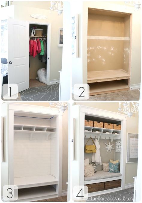 so much space in closet gets unused because it's not easily accessible... take doors off- reframe entire space and put in closet organizers???  need to do in ALL closets! Entryway Closet Makeover, Front Closet, Entry Closet, Entryway Closet, Casa Clean, Mini Loft, Hall Closet, Closet Makeover, Home Reno