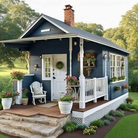 Small Cottage Homes, Blue Cottage, Cleaning House, Cottage Style Homes, Modern Tiny House, Cottage Ideas, Tiny House Decor, House With Porch, She Sheds