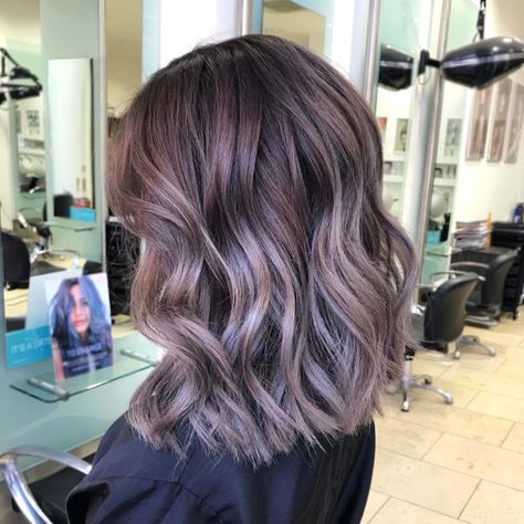 Balayage Hair Color Ideas Short Hair, Ashy Lavender Balayage, Lilac Ash Brown Hair, Balayage Lilac Hair, Lilac Hair Highlights Brown, Smoky Lavender Balayage, Ash Brown With Purple Highlights, Ashy Lilac Brown Hair, Brunette Hair With Lavender Highlights