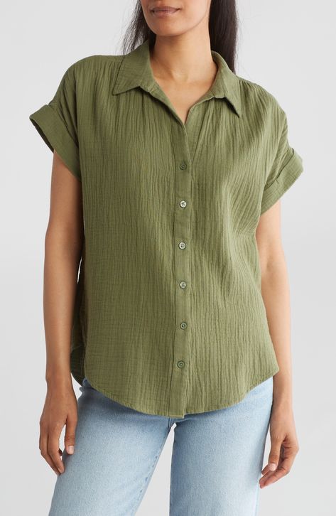 Breeze through warm days in this relaxed-fit button-up shirt cut from double-face cotton gauze for breathable comfort. Front button closure Spread collar Short sleeves 100% cotton Machine wash, line dry Imported Cut Shirts, Double Face, Sleeve Cotton, Nordstrom Rack, Button Up Shirts, Button Up, Short Sleeves, Relaxed Fit, Nordstrom