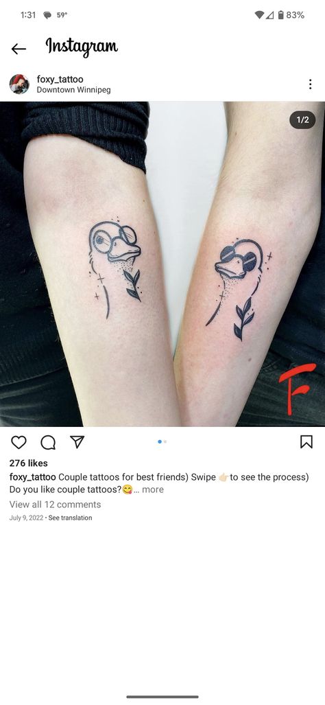 Goose Matching Tattoos, Goose Tattoo Matching, Matching Father Daughter Tattoos Funny, Frog And Duck Matching Tattoos, Matching Duck Tattoos For Best Friends, Weird Sister Tattoos, Slightly Matching Tattoos, Opposite Couple Tattoos, Silly Goose Tattoo Matching