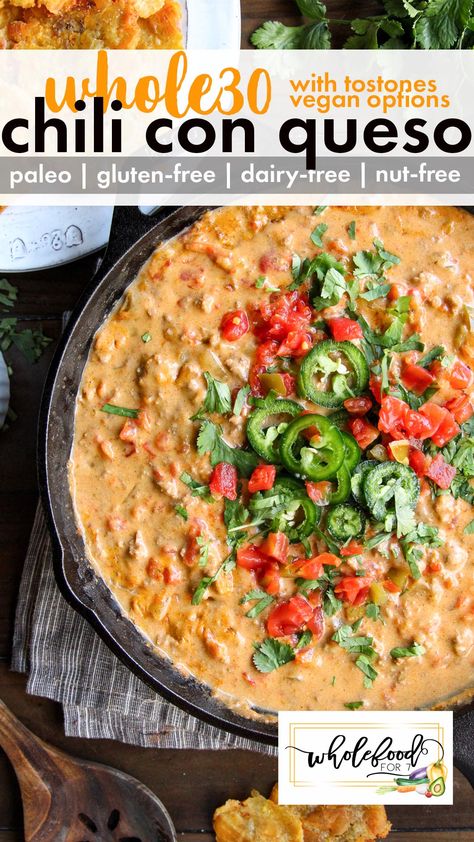 Whole30 Chili Con Queso Dip Chili Con Queso Dip, Con Queso Dip, Whole30 Chili, Recipes Chili, Vegan Ground Beef, Chili Chili, Whole 30 Meal Plan, Aip Paleo Recipes, Whole 30 Diet