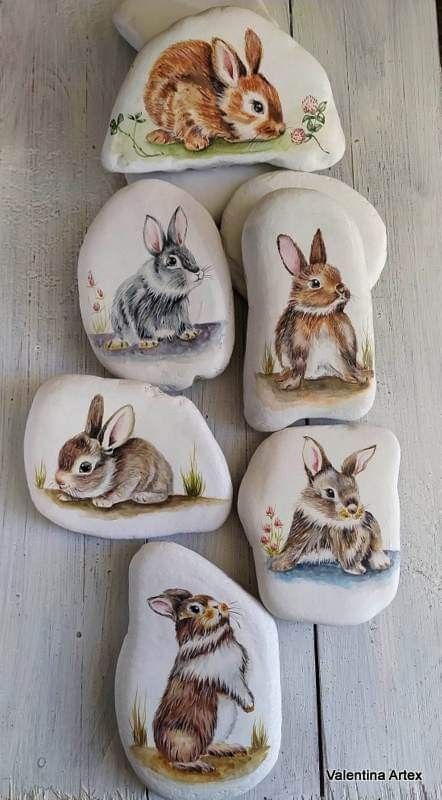 🐰🐰🐰🐰🐰🐰 Red Fox Art, Rock Animals, Painted Rock Animals, Stone Art Painting, Painted Rocks Craft, Cones Crafts, Rocks Painted, Painted Rocks Diy, Rabbit Art