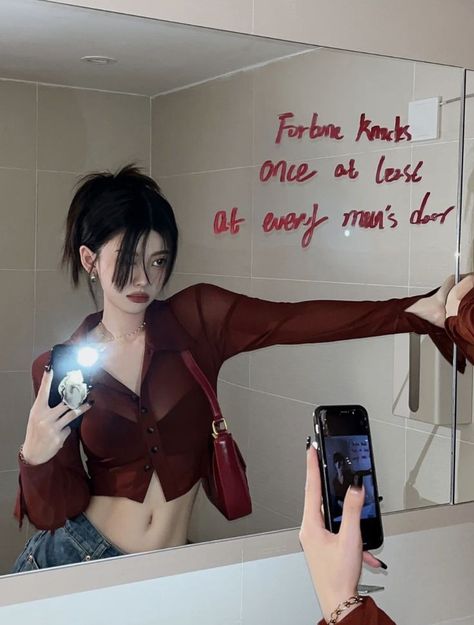 Mirror Pose Reference, Red Aesthetic Photoshoot, Red Girly Aesthetic, Mirror Poses Ideas, Pose Ideas Mirror, Pretty Poses, Mirror Pose, Streetwear Korean, Sheer Crop Top