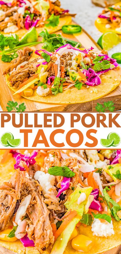 Pulled Pork Tacos - The BEST pulled pork tacos made with slow cooker pulled pork, nestled in tortillas, and then topped in abundance with Cilantro Lime Slaw, Pickled Red Onions, and Avocado Crema! Learn how to make these Mexican-inspired classic recipes at home! Easy enough for weeknights but also great for events, game day parties, get-togethers like Cinco de Mayo fiestas or graduation parties! Pulled Pork Tacos Toppings, The Best Pulled Pork, Best Pulled Pork, Lime Slaw, Easy Pulled Pork, Cilantro Lime Slaw, Averie Cooks, Pulled Pork Tacos, Avocado Crema