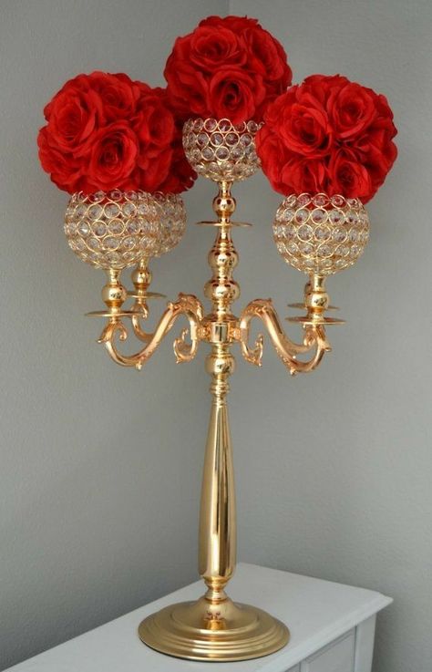 Wedding Centerpieces Gold, Wedding Decorations Elegant, Gold Wedding Centerpieces, Quinceanera Centerpieces, Beauty And Beast Wedding, Gold Candelabra, Beauty And The Beast Theme, Quinceanera Planning, Quince Decorations