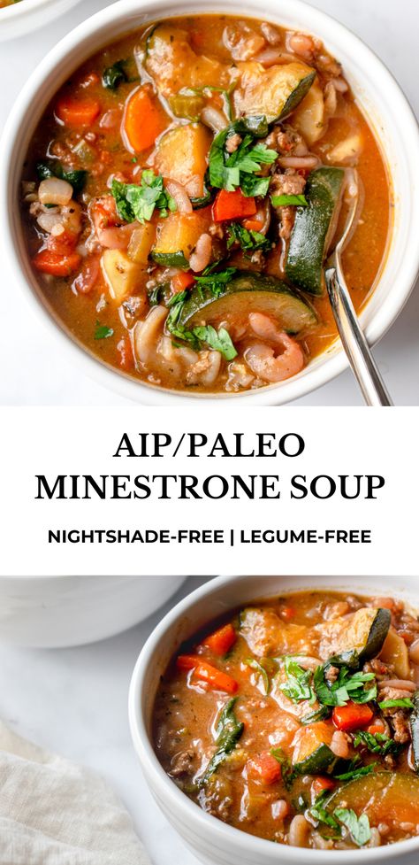 A rich and hearty AIP/Paleo Minestrone Soup made without tomatoes or legumes. #healmedelicious #aip #paleo #aiprecipes #paleorecipes #aipdiet #autoimmunepaleo #aipprotocol #glutenfree #glutenfreerecipes #paleosoups #paleominestrone #aipminestrone #paleominestronesoup #tomatolessminestronesoup #onepotmeals #top8free #allergyfriendly #healthydinner #easymeals #maindishrecipes #easyhealthymeals #nightshadefree #legumefree #groundbeefvegetablesoup #winterrecipes #wintersoup Paleo Veggie Soup, Aip Trader Joes, Aip Zucchini Recipes Autoimmune Paleo, Whole 30 Minestrone Soup, Healthy Healing Soup, Aip Recipes Soup, Easy Aip Work Lunches, Aip Italian Recipes, Modified Aip Recipes