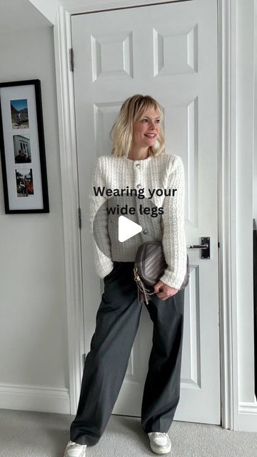 Claire Lopez on Instagram: "Wide leg trousers… A wardrobe staple for me but even more so at this time of year and here’s why: ✔️Definitely a staple in my wardrobe but it ticks so many boxes at this time of year when it’s 🥶🥶🥶 ✔️ Easy layering of tights/leggings underneath ✔️ No bare ankles as those thermal socks are firmly hidden!! ✔️ Footwear is much easier - trainers and pointed ankle boots/knee high boots will all fit under the hem of your trousers/denim. ❌ Just avoid pairing with your chunky flat boot as this is a very bottom heavy/ masculine look! Never mind the fact that a wide leg style is great for so many body shapes - 🍐 ⏳wide legs balance out the curves on your hips 🍓 they will balance out your upper body 🍎 they will stop the feeling of being top heavy And finally rec Wide Leg Trainers Outfit, Wide Leg Trousers With Loafers, Wide Leg Trousers And Trainers, Wide Leg Trousers Shoes, Wide Leg Linen Pants Outfit Winter, Wide Leg Joggers Outfit Winter, Claire Lopez Style, Wide Pants Outfit Winter, Linen Pants Outfit Winter