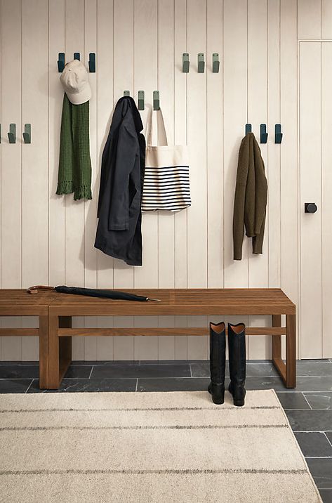 Modern Wood Bench, Small Mudroom Ideas, Modern Storage Furniture, Modern Wall Hooks, Mudroom Design, Modern Entryway, Living Room Accent Tables, Modern Bench, Mudroom Bench