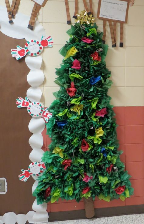 3d Paper Christmas Tree On Wall, Bulletin Board Christmas Tree Ideas, Tissue Paper Christmas Trees, Christmas Tree Bulletin Board, Tissue Paper Crafts For Kids, Teaching Coins, Decorations For Classroom, Teacher Introduction, Recycled Christmas Decorations