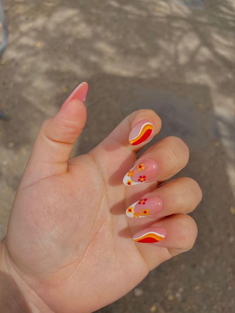 Red And Yellow Nail Designs, Disco Nails 70s, Yellow And Red Nails, Orange Nails With Design, Red And Yellow Nails, Orange Yellow Nails, Orange Nail Designs, Pastel Nails Designs, Wow Nails