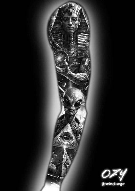 Sleeve Egyptian Tattoo, Egyptian Tattoo Men, Alien Tattoo Sleeve, Tattoo Design Egyptian, Egyptian Sleeve, Egypt Tattoo Design, Egyptian Tattoos, Egyptian Tattoo Sleeve, Egypt Tattoo