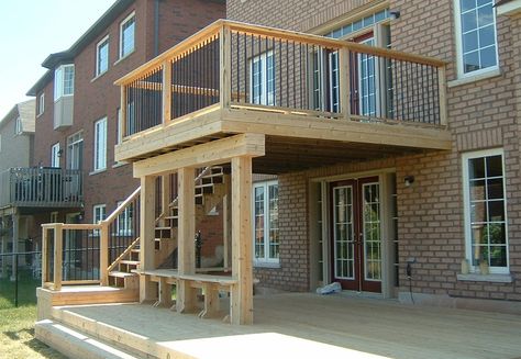 Diy Ground Level Deck, Second Floor Deck Ideas, Deck Columns, Backyard Deck Designs, Deck On A Budget, Garrison House, Patio Under Decks, Freestanding Deck, Second Floor Deck