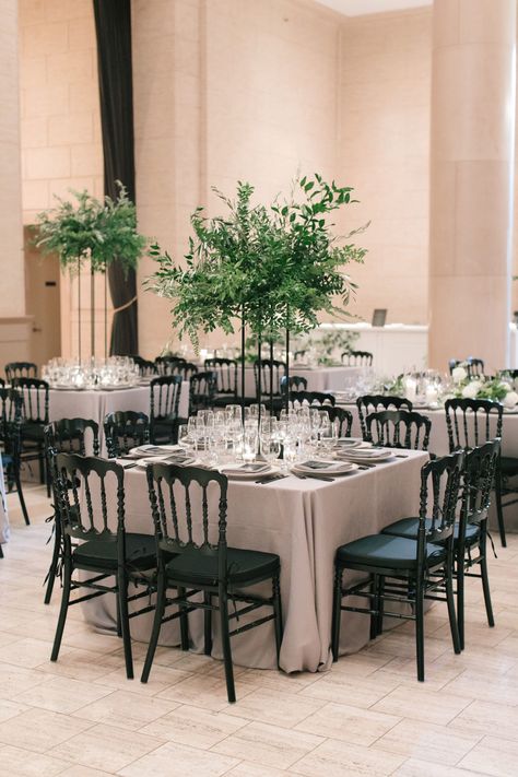 Greenery Tall Centerpiece Wedding, Green Velvet Wedding Decor, Non Floral Wedding Centerpieces, Wedding Centerpieces Tall, Elevated Centerpiece, Huntsville Botanical Gardens, Minimalist Wedding Reception, Blue Green Wedding, Tall Centerpiece