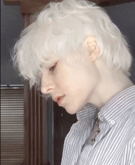 Male Face Claims Dyed Hair, White Fluffy Hair Boy, Albino Oc Male, White Hairstyles Men, Short Fluffy White Hair, Artbreeder White Hair, White Hair Men Aesthetic, White Hair Aesthetic Male, Short White Hair Aesthetic