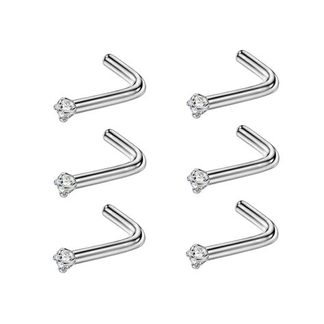 FANSING 6PCS Surgical Steel/Titanium Nose Studs for Women Nostril Piercing Jewelry 22g / 20g / 18g Nostril Piercing Jewelry, Titanium Nose Stud, L Shaped Nose Ring, Nostril Piercing, Nose Studs, Facial Piercings, Piercing Shop, Body Jewelry Piercing, Sensitive People