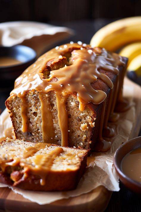 A soft, moist banana bread enriched with the flavors of salted caramel, then topped with a generous drizzle of warm salted caramel sauce. It's a divine twist on classic banana bread, offering a delightfully sticky and sweet experience. Recently, I found myself with several brown bananas on my kitchen counter—again. It seems my family alternates Pineapple Sunshine Cake Recipe, Salted Caramel Banana Bread, Caramel Banana Bread, Caramel Bread, Caramel Brownies Recipe, Brown Bananas, Classic Banana Bread, Banana Caramel, Sunshine Cake