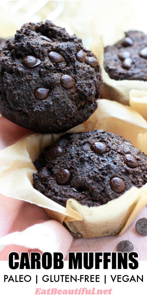 Carob Muffins are super dark, moist and good! + high in protein, complex carbs and simply delicious! Perfect with breakfast, lunch or dinner or as a high-energy snack, this treat is Paleo, Gluten-free and Vegan. | Eat Beautiful Recipes | carob muffins | paleo | gluten free | vegan | carob recipes || #carob #muffins #paleo #glutenfree #vegan #eggfree Carob Recipes, High Energy Snacks, Chocolate Alternatives, Muffins Paleo, Paleo Breads, Eat Beautiful, Beautiful Recipes, Aip Desserts, Carob Powder