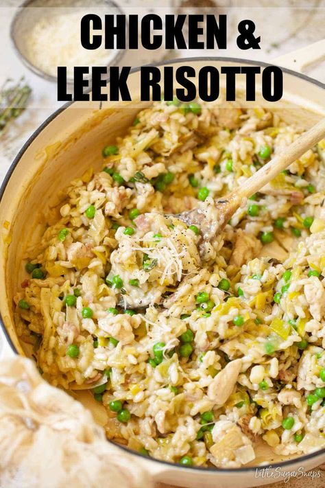 Chicken And Leek Recipes, Risotto With Peas, Easy Weeknight Chicken, Risotto Recipes Chicken, Leek Risotto, Rice Risotto, Risotto Recipes Easy, Weeknight Chicken, Leek Recipes